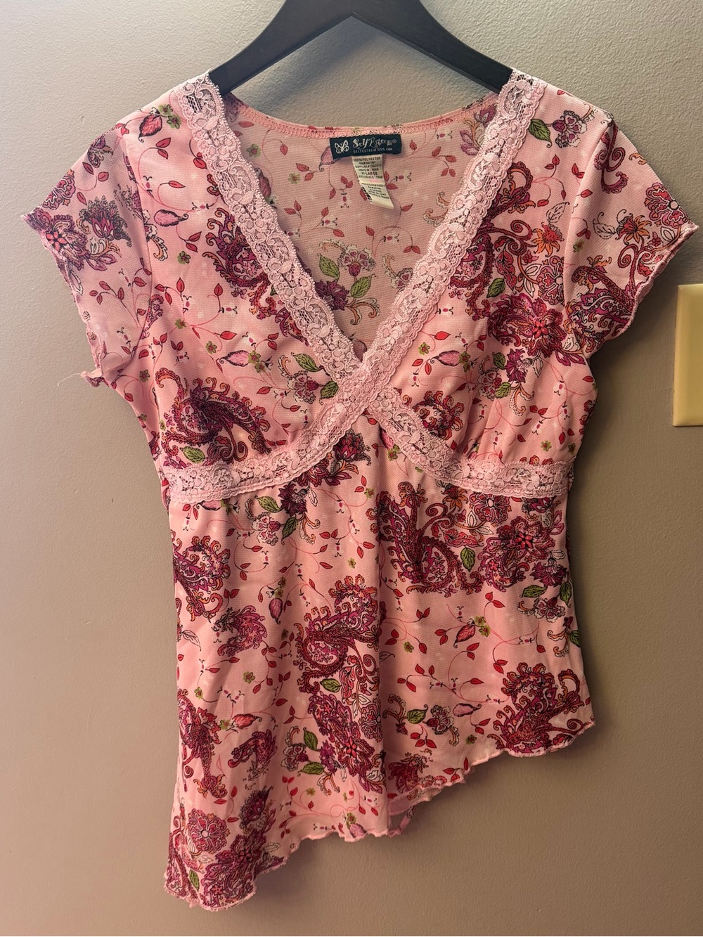 Vintage Y2K Self Esteem Fairycore pink paisley Top Asymmetrical hem lace trim